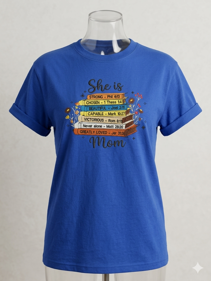 She Is Mom Scripture Embroidered Tee ๐๐