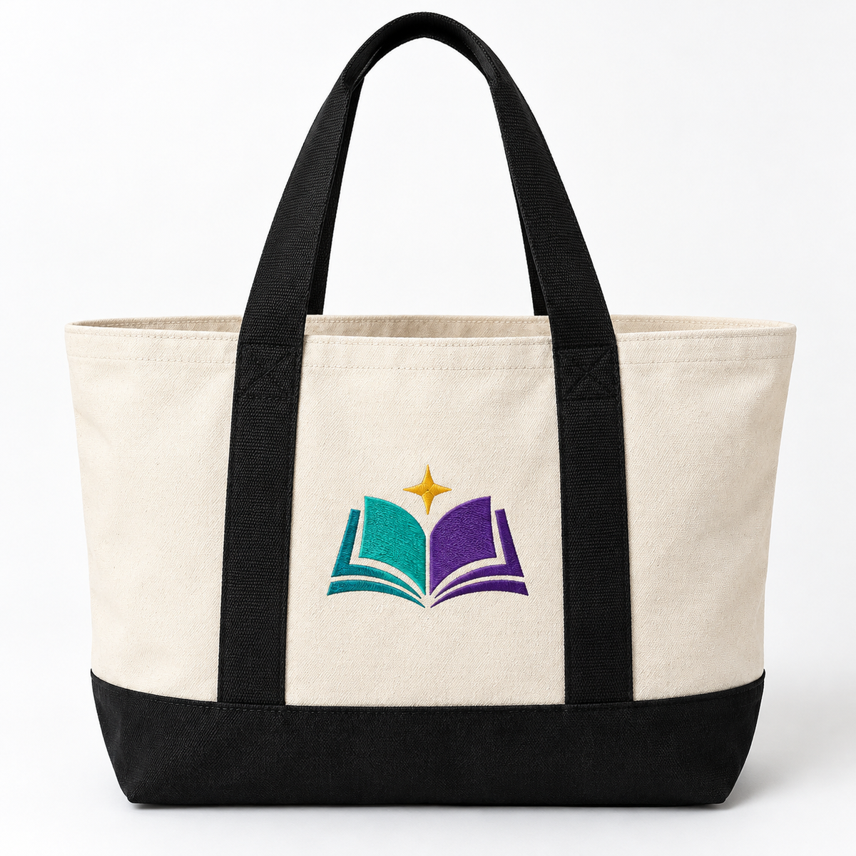 Canvas tote with embroidered school-style logo