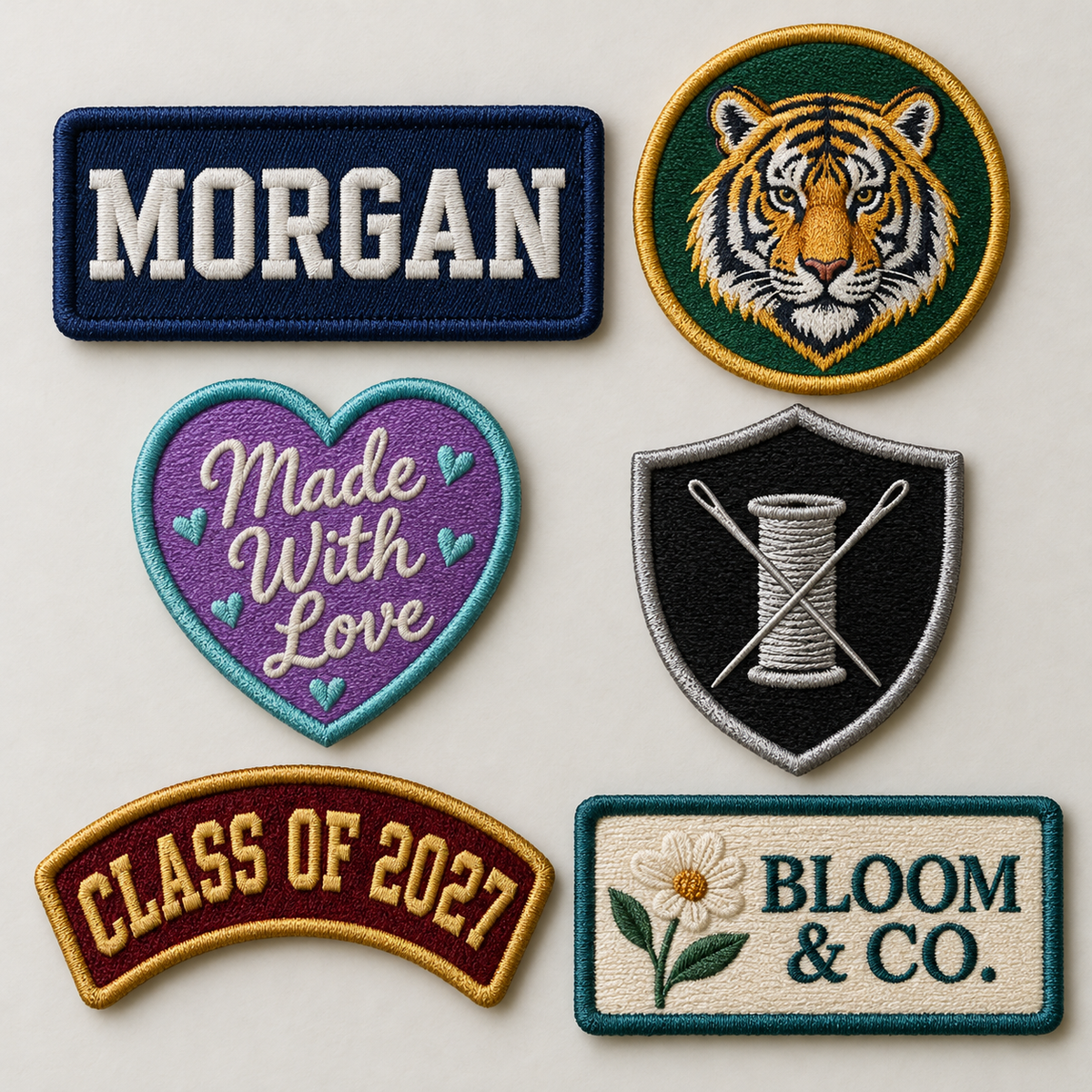 Sample custom embroidered patches in different shapes and designs