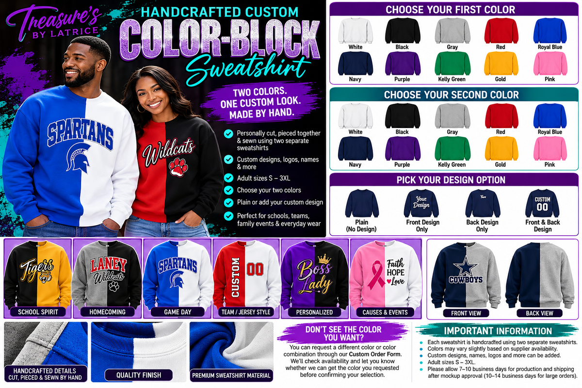 Handcrafted custom color block sweatshirt color and design choices