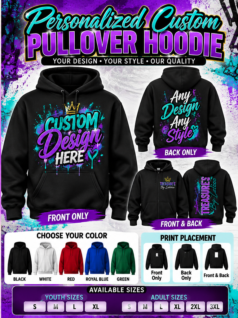 Personalized custom hoodie front back print placement examples