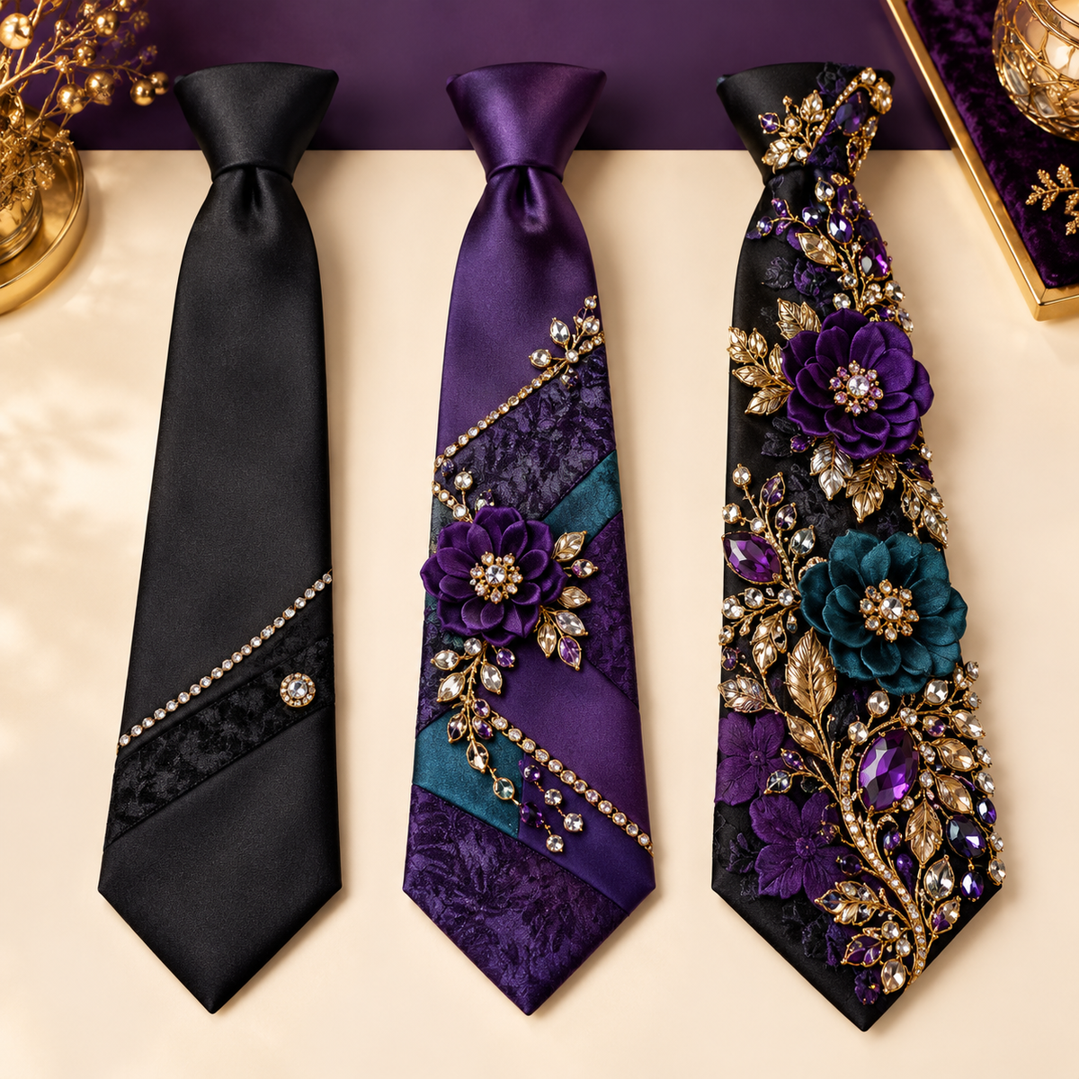 Three custom bling and embellished ties showing Basic, Signature, and Deluxe design levels