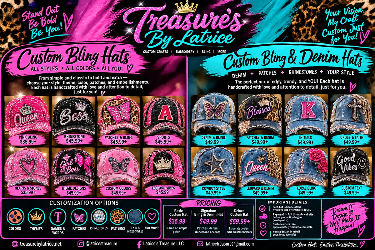 Custom bling hats promotional mockup showing multiple hat styles and embellishment options