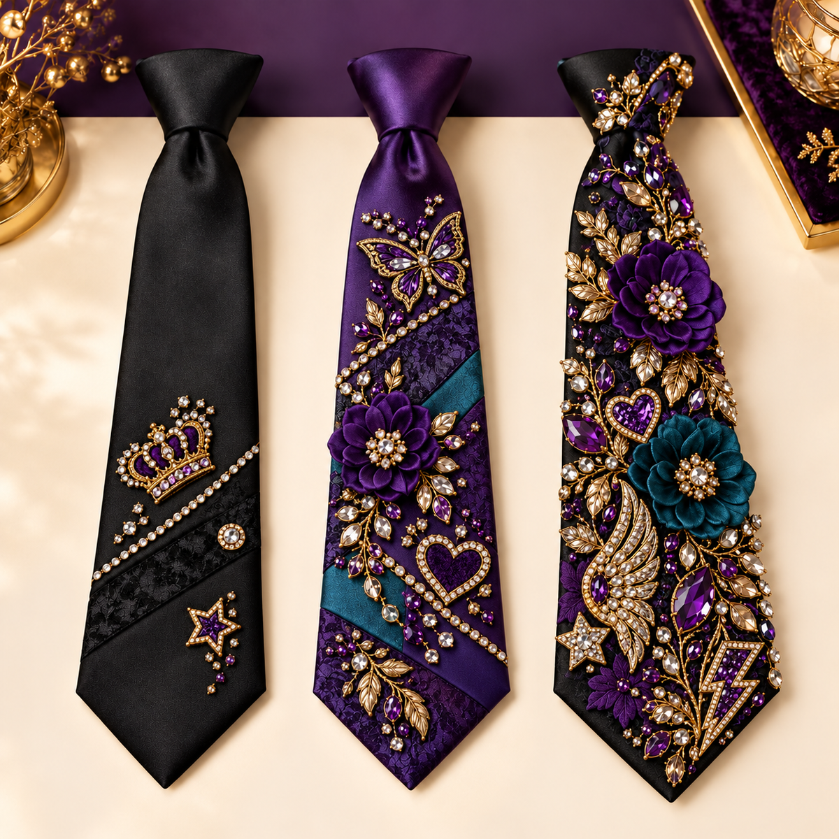 Custom embellished ties with decorative patches, rhinestones, flowers, and bling