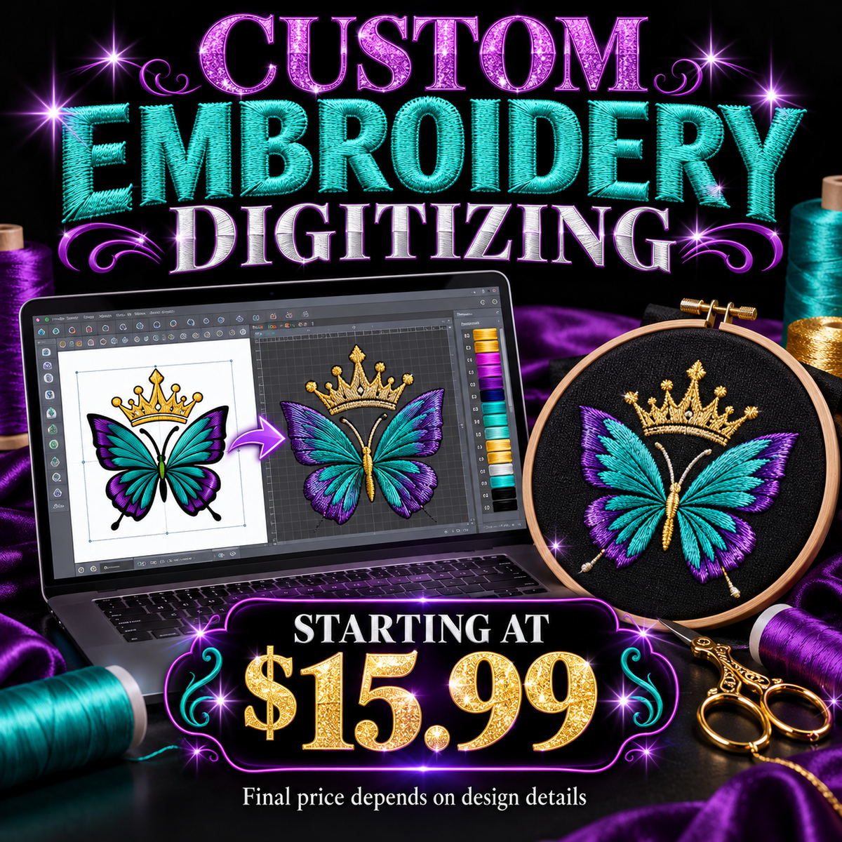Custom embroidery digitizing starting at $15.99