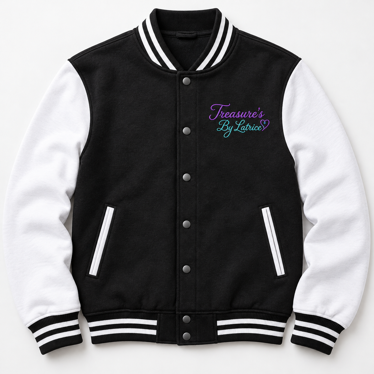 Black and white fabric letterman jacket with Treasure’s By Latrice chest embroidery