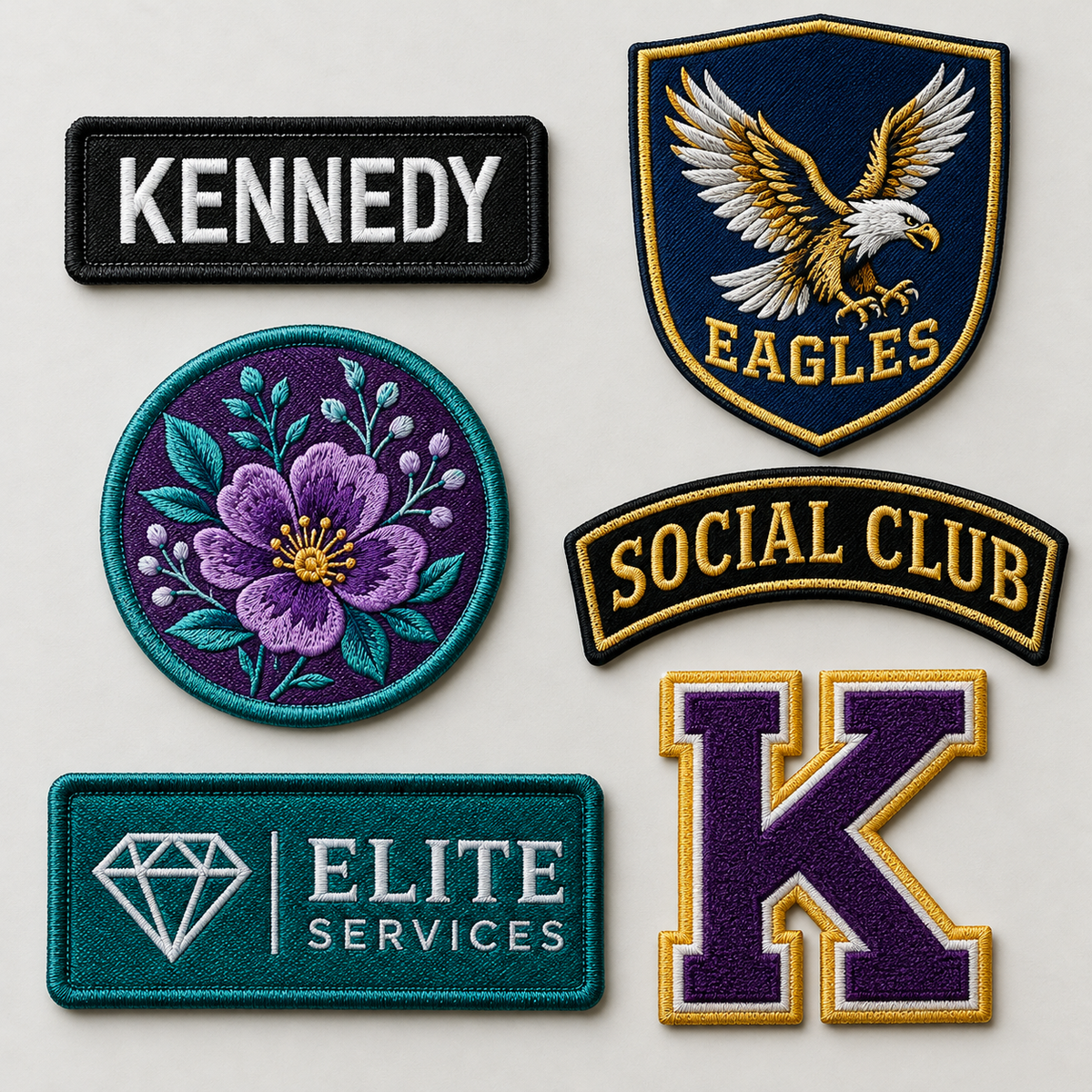 Sample custom embroidered patches in different shapes and designs