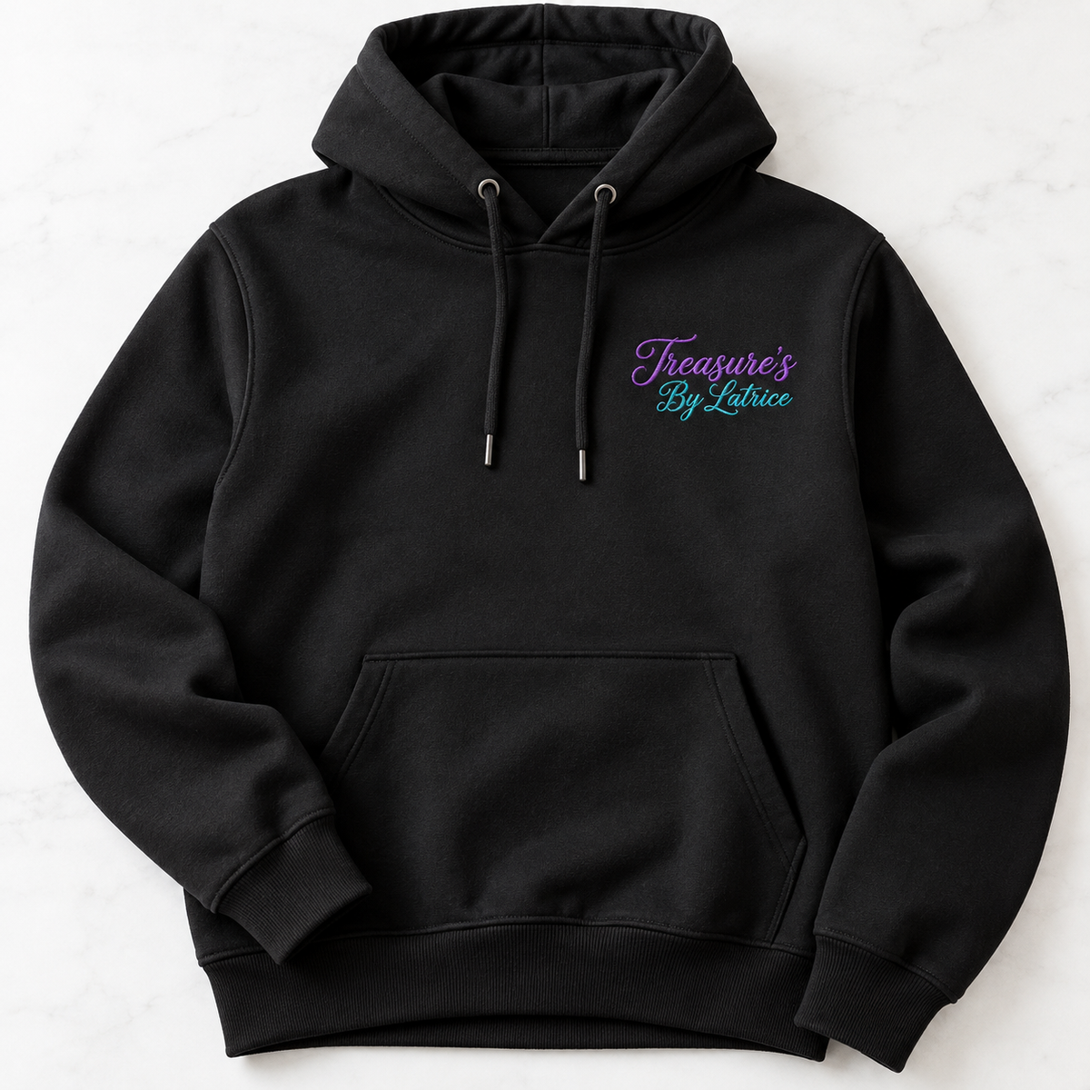 Black hoodie with Treasure’s By Latrice embroidery