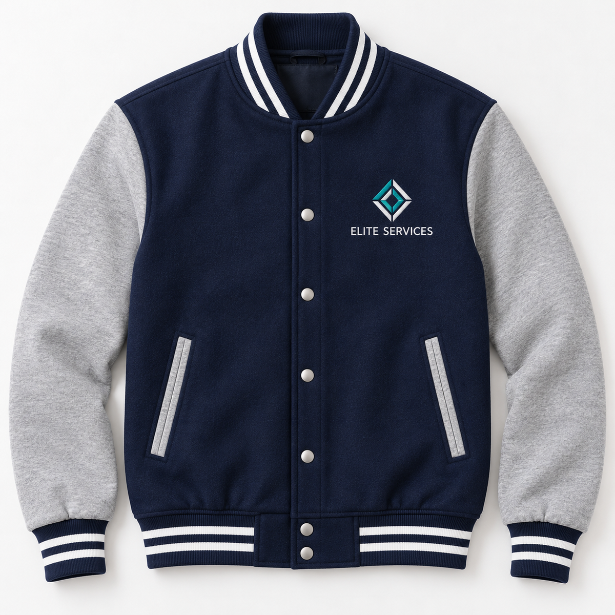 Navy and gray letterman jacket with sample business chest embroidery