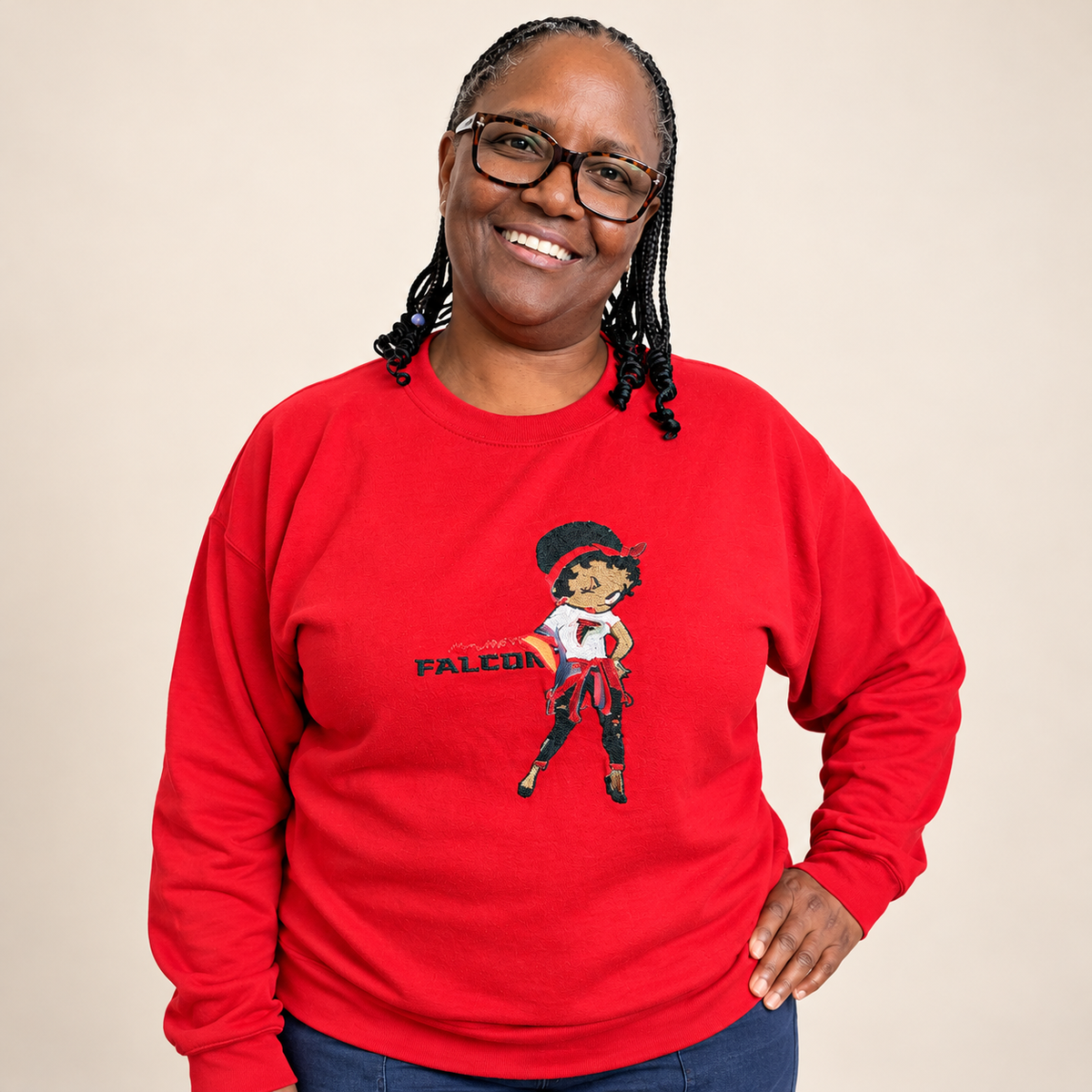 Red Falcons-inspired embroidered sweatshirt