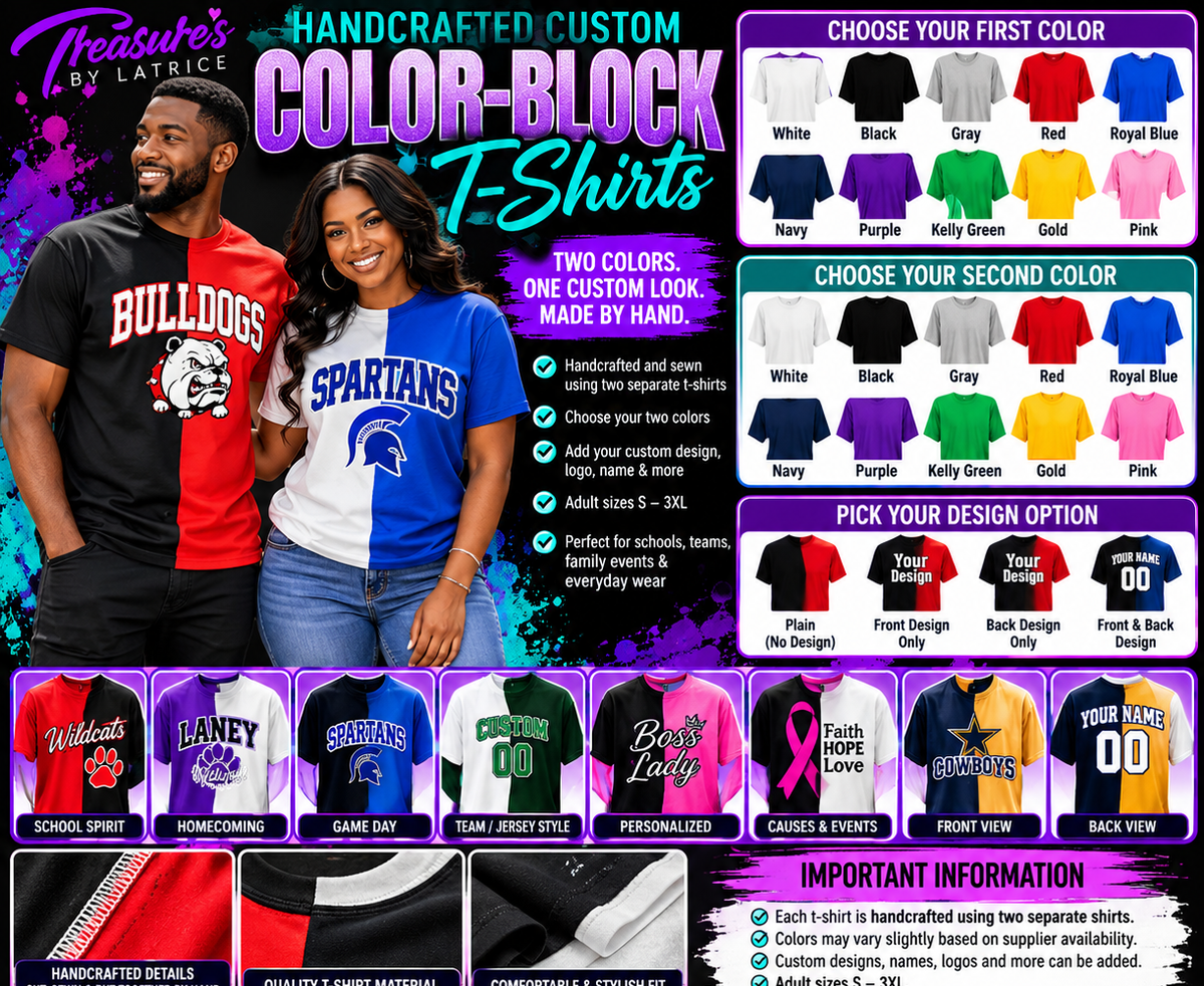 Handcrafted color-block T-shirt mockup with two-tone examples and customization choices