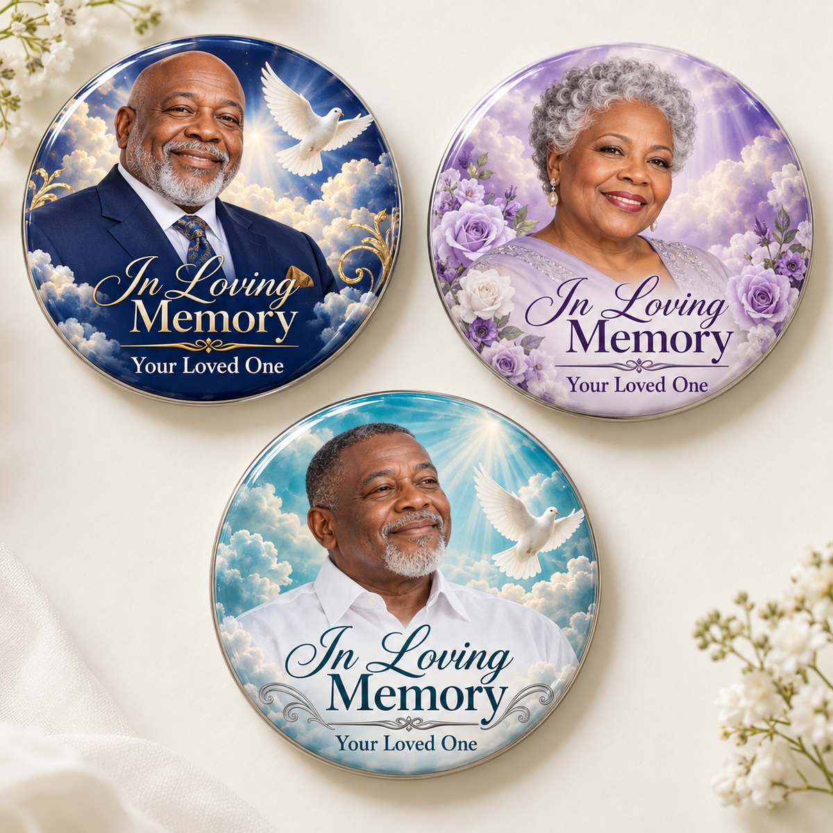 Illustrative memorial photo button designs in navy, lavender and teal; sold individually