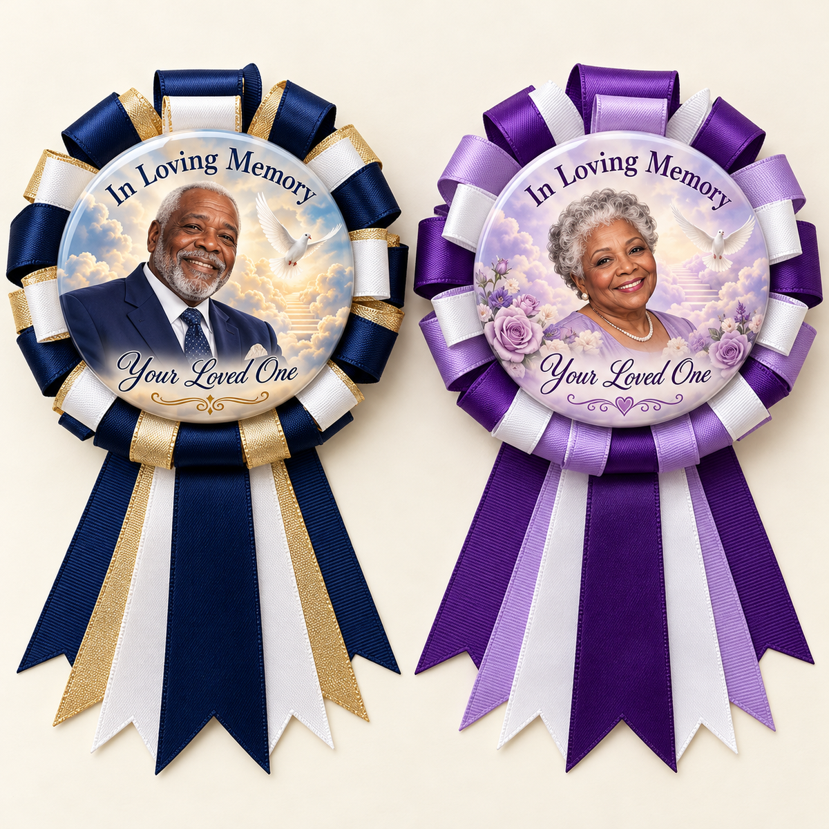 Memorial ribbon photo button mockups; personalized and sold individually